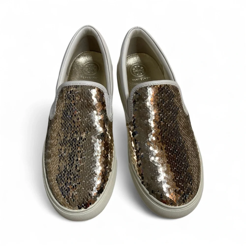 Tory Burch Carter Gold Sequin and Leather Slip On Sneaker Size 8.5
